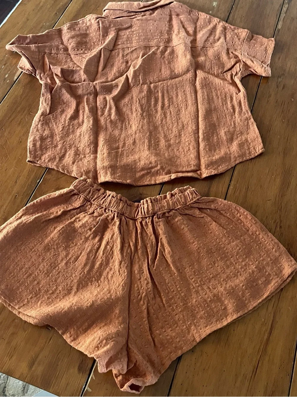 Rylee Cru Two-Piece Button Front Top & Elastic Waist Shorts Set - Rust Orange